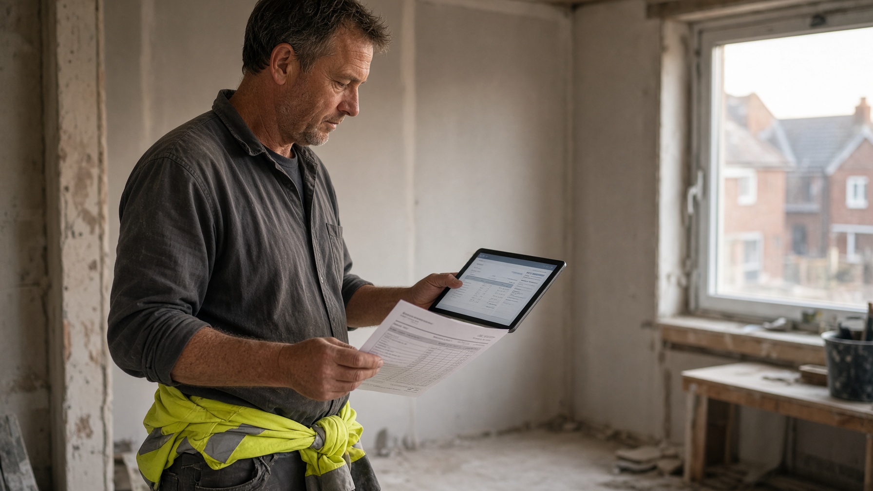 Tradesperson reviewing estimate and invoice together on site